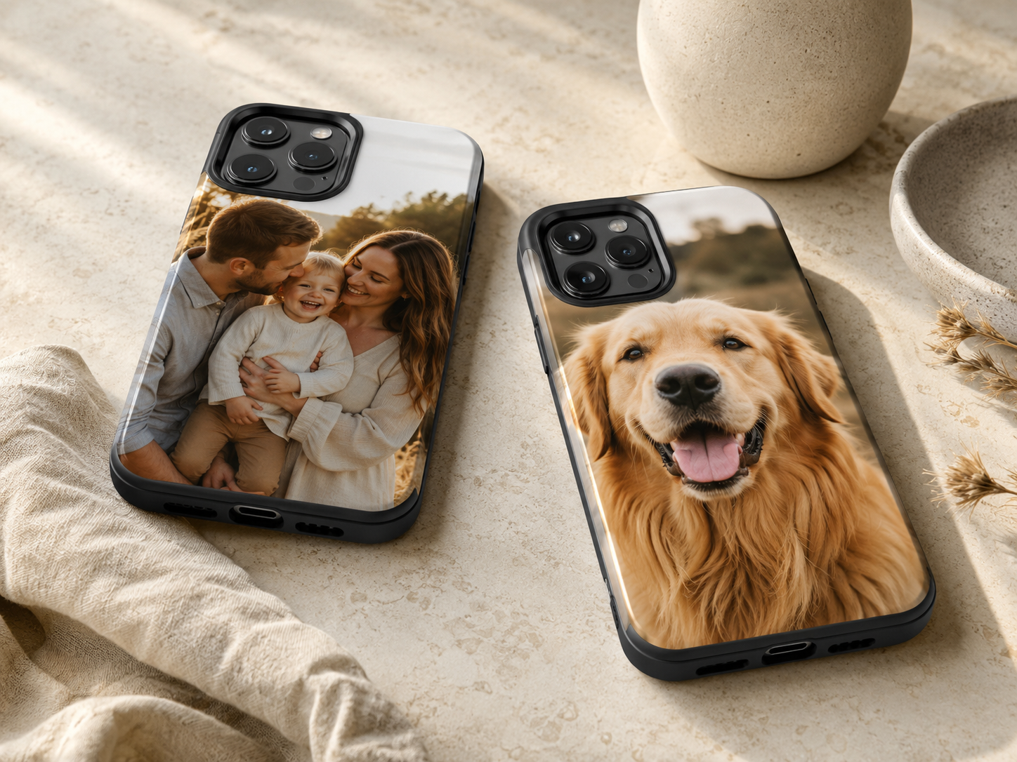 KUVOA custom phone cases with a family photo and dog portrait