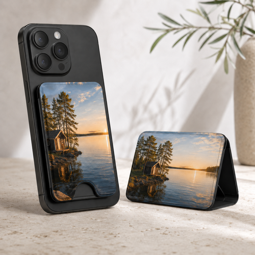 Personalised magnetic wallet with Finnish summer house landscape